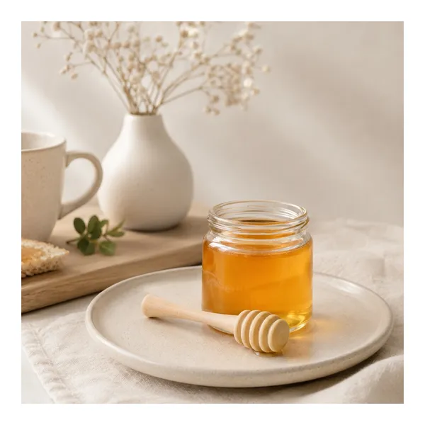 Glass jar of golden honey with wooden dipper on a ceramic plate
