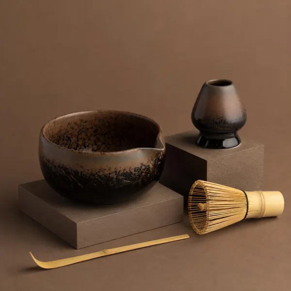 Matcha set with speckled ceramic bowl, whisk holder and bamboo whisk