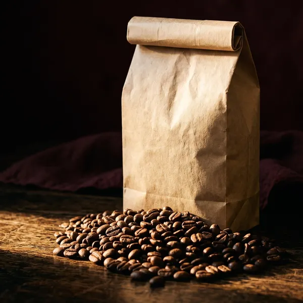 Kraft paper coffee bag on a dark wooden table with roasted beans